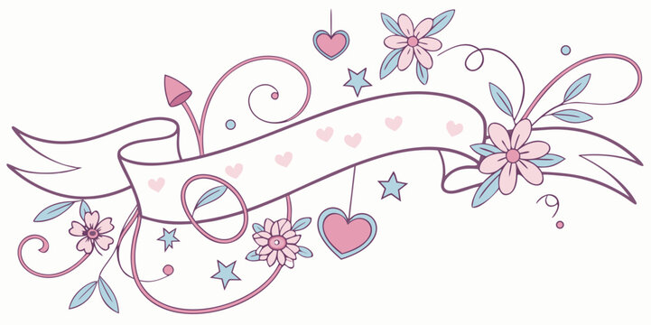 Floral Banner design with hearts and stars in pastel colors 