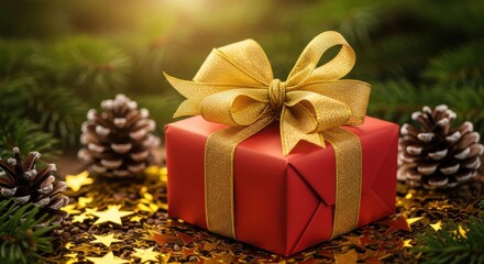 Festive red gift box adorned with a shimmering gold bow rests among seasonal greenery and natural accents