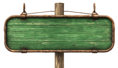 Weathered green wooden sign, brown post, metal border, chains. Isolated on black
