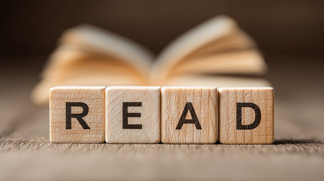 Wooden blocks spelling read placed in front of an open book symbolizing literacy knowledge learning and the value of reading within educational environments.