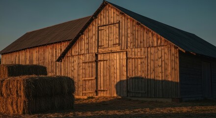 Rustic wooden barn at sunset, bales of hay