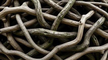Tightly woven mass of weathered grey tree branches with moss wood tangled