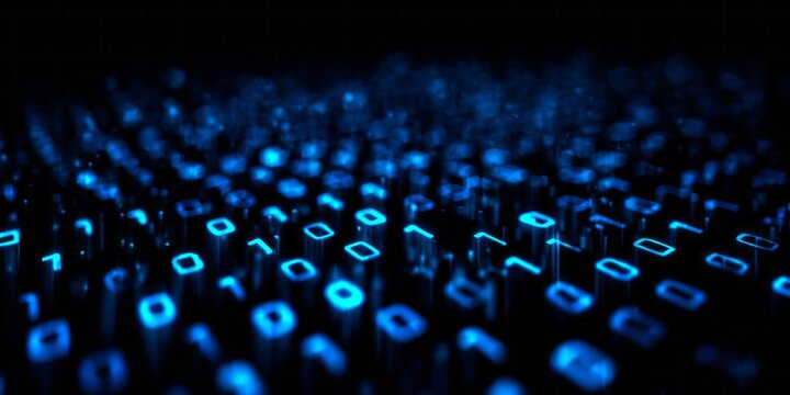 Illuminated blue binary code streams upward across a dark digital surface in a deep focus perspective. - Powered by Adobe