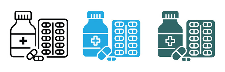 Medicine icon set. Medical icons showing medicine bottle and blister pack designs. Suitable for illustrating medical, health, and pharmaceutical related topics.