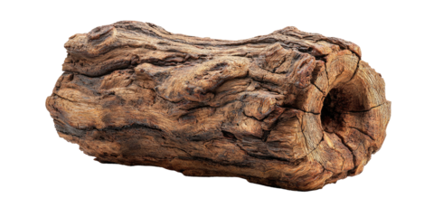 Close-up of weathered, brown wood log with cracks, showing a large hole at the end, isolated
