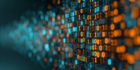Digital stream of binary code flows across a dark background with contrasting colors