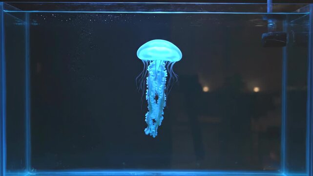 Single luminous blue jellyfish floating serenely in a dark rectangular aquarium tank