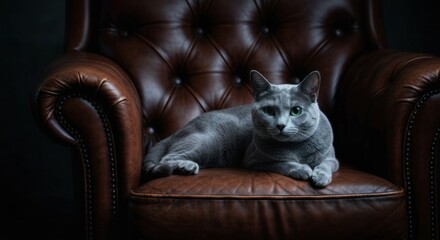 Rustic gray cat lounges on a dark brown leather armchair