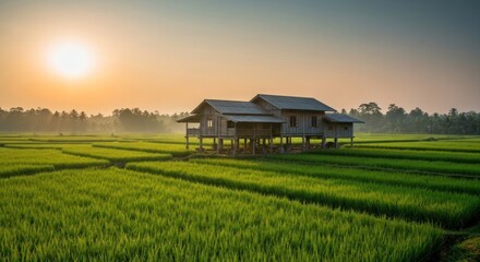 Rustic wooden house amidst vibrant rice paddies at sunrise