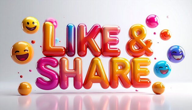 Vibrant 3D 'Like & Share' message surrounded by smiling emojis and colorful spheres, symbolizing social media interaction, positive online engagement, and digital connection