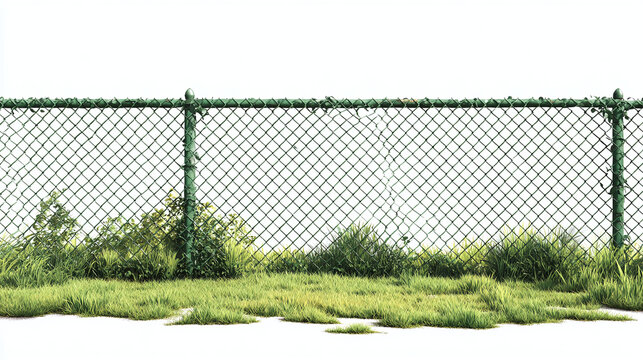 A close-up view of a green chain-link fence, set against a backdrop of fresh, verdant grass