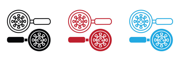 Modern virus research and discovery icons black red blue. Magnifying Glass Over Virus Icon.