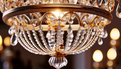 a close up view of a luxurious crystal chandelier with intricate gold accents