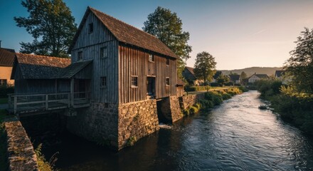 Rustic wooden mill beside a flowing stream, bathed in golden light