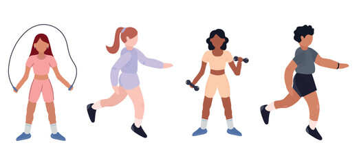Avatars exercising: jumping rope, running, and weight training. Characters in flat style, sportswear, and modern look. Ideal for health, gym, fitness, and wellness projects. Vector illustration