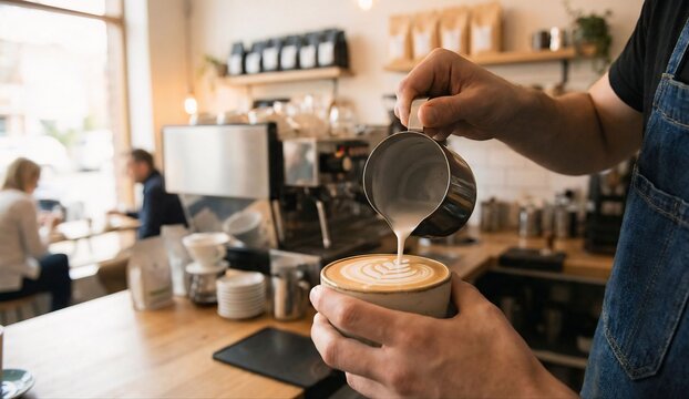 Close-up of Barista Hands Pouring Milk Latte Art in Trendy Coffee Shop