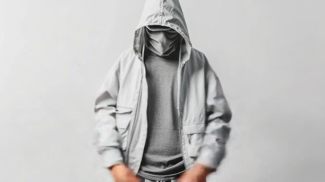 A person wearing a hooded jacket and jeans, possibly hiding or concealing their identity