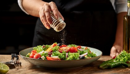 chef s hands sprinkle seasoning over a vibrant salad
