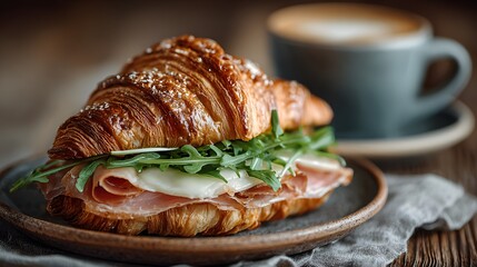 Fototapeta premium Buttery croissant sandwich filled with premium cured ham, cheese, and fresh arugula resting on a ceramic plate within a rustic wooden set.