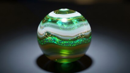 Swirling Green Glass Orb with Glitter and White Streaks sphere
