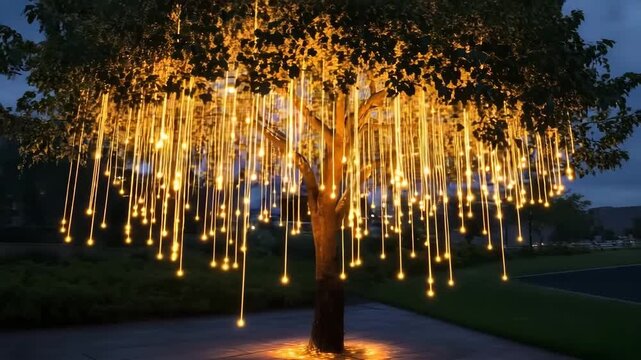 Magical glowing tree with hanging lights in a serene nighttime landscape