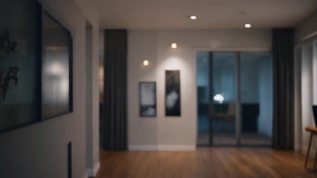 Room lights turning ON automatically as motion is detected, cinematic wide shot of modern home interior, smooth exposure change