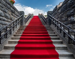 gray stone stairway going up covered with luxury red carpet