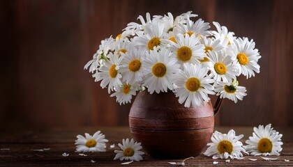 a bouquet of white daisies in a rustic brown vase