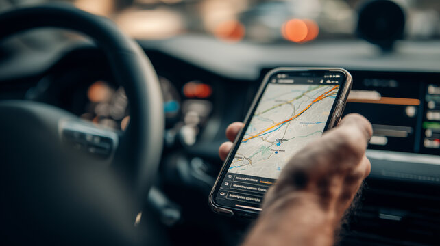 A driver holding a smartphone displaying navigation maps symbolizing real time routing travel decisions and the integration of digital tools within modern mobility systems.
