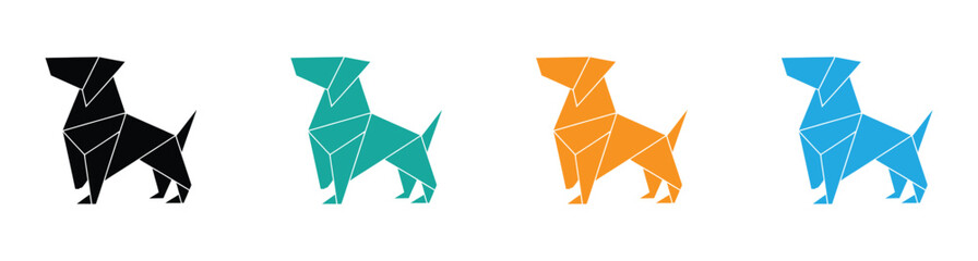 Dog icon set.Modern origami dogs in black, teal, orange, and blue colors.  A minimalist illustration of a dog in geometric style. Great for logo, icon, or any design project. 