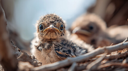 noticeably. A fluffy fledgling bird in a nest, smaller than its siblings, with a soft-focus background. wildlife magazines, conservation campaigns, designed for eco-tourism storytelling.