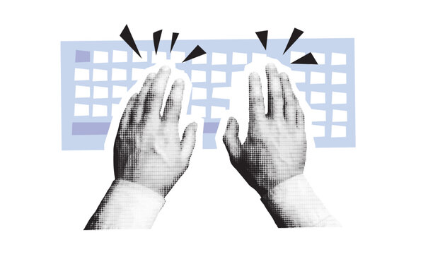 Hands typing on a keyboard, halftone mixed media collage. Concept of technology and workspace, business, office work. Vector illustration.