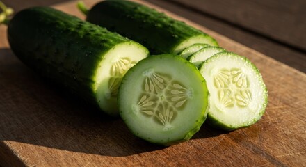 Sliced cucumbers on a wooden cutting board