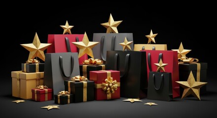 Assortment of luxury gift bags and wrapped boxes decorated with sparkling stars on a dark background