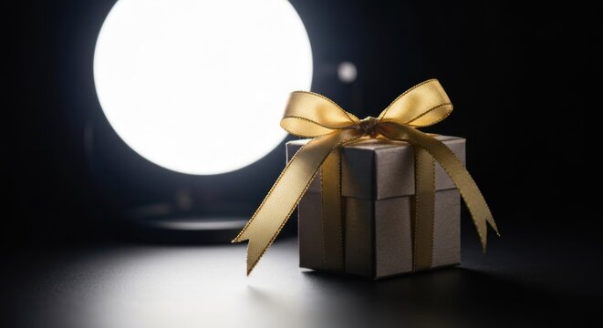 Small, light gray gift box with gold ribbon, illuminated by a bright, round light source