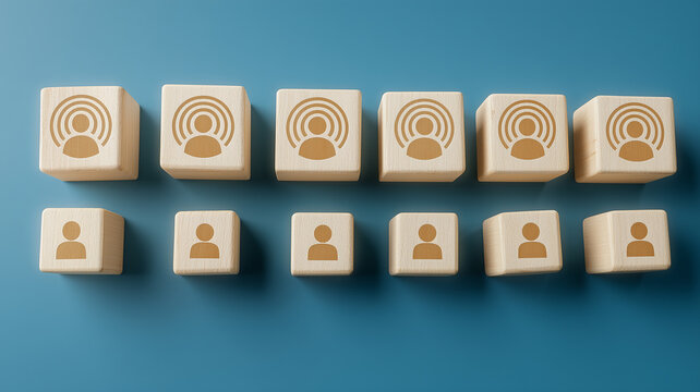 A communication and influence concept visualized through arranged wooden blocks representing audience reach, messaging structure and targeted connection.
