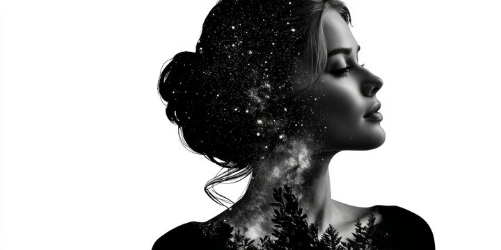 A silhouette of a woman with flowing hair, combined with a cosmic and starry background, conveying a sense of serenity and introspection