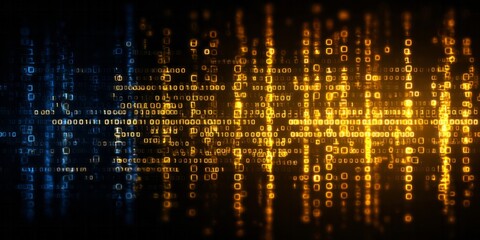 Digital information flows rapidly down screen in contrasting blue and orange light