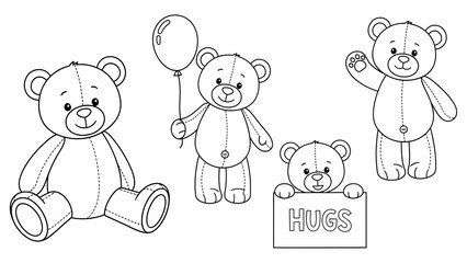 Cute Bear Characters with Balloon and Hugs Sign in Playful Style