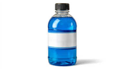 A vertical blue bottle labeled mouthwash on a clean white background