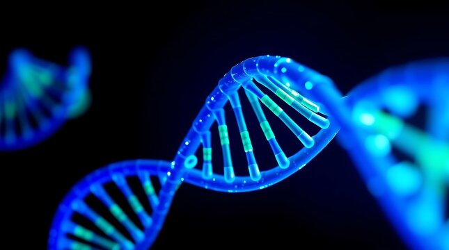 A vibrant, high-resolution photograph capturing the intricate details of a DNA double helix, illuminated with electric blue and emerald green light, against a deep black background - Powered by Adobe