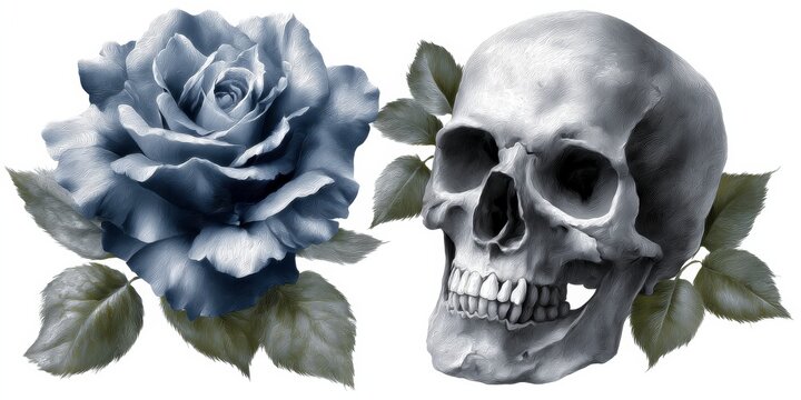 Intricate tattoo mockup design featuring a detailed blue rose and a skull with leaves, symbolizing beauty and mortality