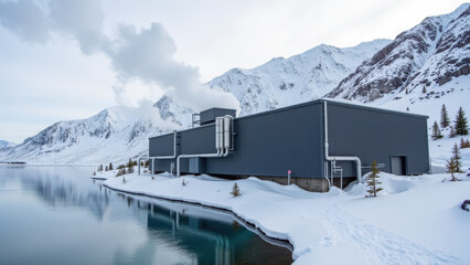 Modern industrial building near serene lake, surrounded by snow covered mountains and pine trees, creates tranquil winter landscape