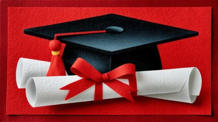 Graduation cap and diploma with red ribbon on a textured red background, symbolizing academic achievement and celebration