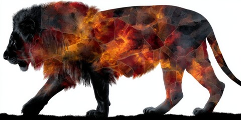 Lion silhouette filled with vibrant, fiery colors resembling stained glass, creating a striking and artistic effect
