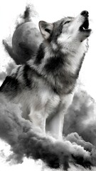 A majestic wolf howling against a smoky backdrop, embodying strength and wildness in a black and white design