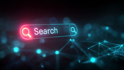 A search technology concept depicted with an illuminated search bar representing exploration, information discovery and digital navigation.