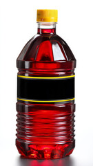 Red plastic bottle filled with liquid vinegar, featuring bold yellow cap and black label that emphasizes its contents