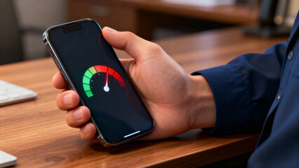 Person holding smartphone displaying a speedometer-style gauge with color-coded levels