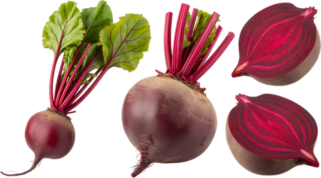 Fresh whole and sliced beetroot on a black background
